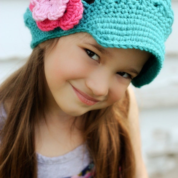 Girl's hat with Flower, Crocheted Newsgirl, Newsboy with a  Brim for baby, toddler, child, adult in Turquoise with Pink and Hot Rose Flower