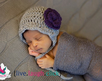 Newborn Baby Toddler crocheted vintage inspired bonnet with scallop edge shown in gray with plum rose - perfect baby gift or photo prop