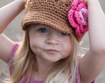 Crochet hat with flower,Girls Hat, Crocheted Flower Newsgirl, Newsboy Brimmed Beanie in Toasted Almond , Pink, and Hot Rose