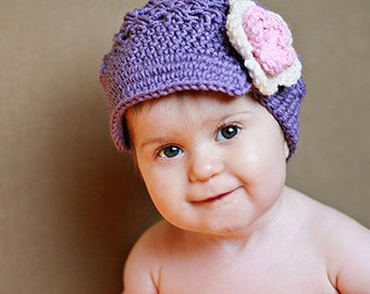 Girl Hat Brimmed Flower Newsgirl Newsboy Crocheted Hat Amethyst, Pink, and Ivory - baby toddler child tween teen adult