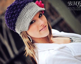 Ladies Flower Newsgirl Newsboy Crochet Hat in Purple and Gray with a Raspberry Flower Clip Rose all sizes available