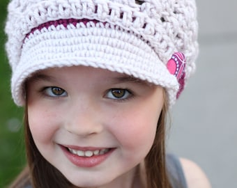Girl Hat Button Strap Newsgirl Newsboy Crocheted Hat with brim in Linen and Dark Raspberry with a fabric covered button -all sizes available