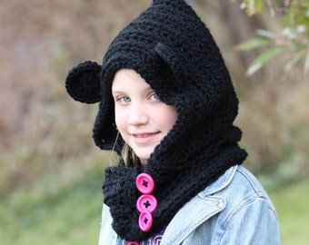 Bear Hooded Cowl, Child cowl, Crochet Bear Cowl, Bear hat, Animal hat chunky button up scarf, hood for toddler, child, adult Boys and girls