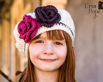 Slouchy Beret Hat | Girl Hat | Crocheted Ivory Flower Bouquet Beret | Crochet Hat with charcoal and old rose flowers