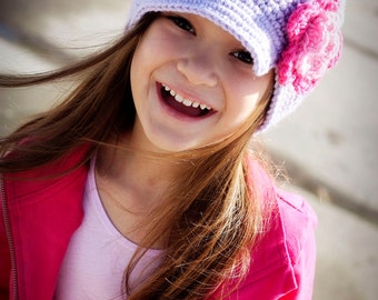 Girls Brimmed hat Crocheted  Flower Newsgirl Newsboy with a bill, brim  in Orchid with Pink and Hot Rose Flower