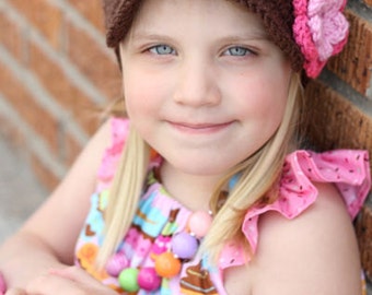 Girl Hat Newsgirl Brimmed Newsboy Crocheted Hat Brown with Pink and Hot Rose flower, Brim, Bill