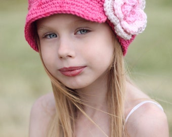 Girl Flower Newsgirl Newsboy Crocheted Girl Hat in Hot Rose, Soft Pink, Pink, and Linen. baby toddler child tween teen adult made to order