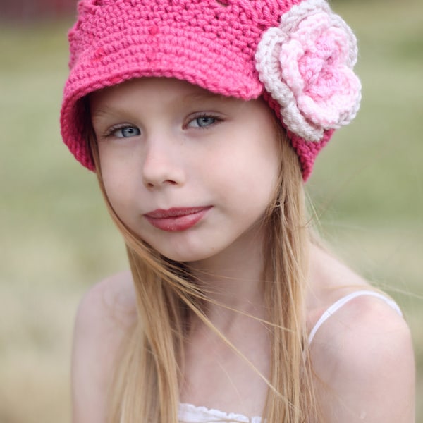 Girl Flower Newsgirl Newsboy Crocheted Girl Hat in Hot Rose, Soft Pink, Pink, and Linen. baby toddler child tween teen adult made to order