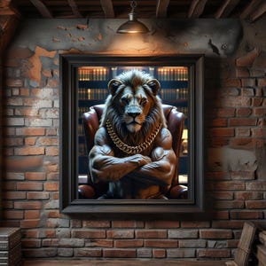 Peut inclure: Une œuvre d'art encadrée représentant un lion musclé portant une chaîne en or, assis dans un fauteuil en cuir. Le lion a les bras croisés et une expression sévère. L'arrière-plan montre une bibliothèque. Le cadre est en bois foncé, sur un mur de briques.