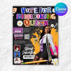 Puede incluir: Un cartel promocional con el texto "VOTE FOR HOMECOMING QUEEN" en letras coloridas. El cartel presenta una foto de una joven, el texto "Class of 2025" y las palabras "HOCO Queen". El cartel también incluye el texto "Vote for Sarah Johnathon".