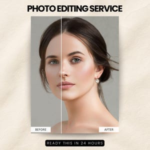 May include: Image showcasing a photo editing service. The image is split vertically, displaying a woman's face before and after editing. Text at the top reads "PHOTO EDITING SERVICE," and at the bottom, "READY THIS IN 24 HOURS."