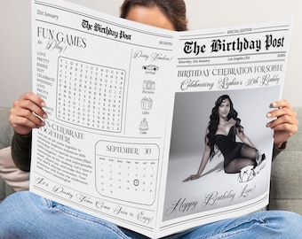Modello di giornale di compleanno modificabile, invito di giornale di compleanno Canva, programma di compleanno personalizzato, divertente ricordo fotografico di compleanno