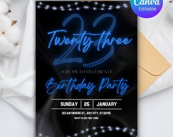 Invito di compleanno modificabile in nero e blu per uomo, invito di compleanno di lusso stampabile per uomo, modello di invito con testo tutto nero di classe