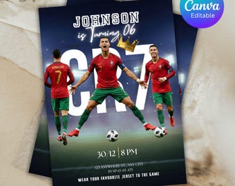Invito di compleanno modificabile a tema Ronaldo, modello CR7 (download immediato)