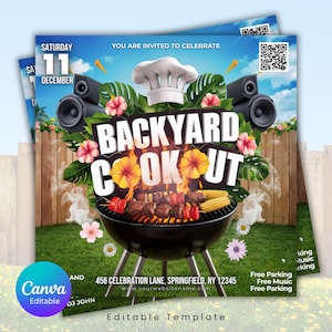 May include: A flyer for a backyard cookout event, featuring a black grill with skewers and corn on the cob. The design includes a chef's hat, speakers, and the text "BACKYARD COOKOUT". The date is Saturday, December 11th. The flyer is set against a blue sky background.