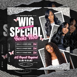 Peut inclure: Graphique promotionnel pour une offre spéciale de perruques, avec des images de femmes avec différentes coiffures. Le texte comprend "Wig Special", "99$ Install" et "Books Now". Le fond est noir avec des accents roses et des papillons.