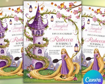 Princess Tower Birthday Invitation, Tangled Party, Editable Canva Template (Digital)