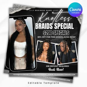 Puede incluir: Folleto promocional en blanco y negro para Knotless Braids Special. El folleto presenta imágenes de mujeres con peinados trenzados, con el texto "$200 Specials" y "50% de descuento este mes". El folleto también incluye identificadores de redes sociales e información del sitio web.