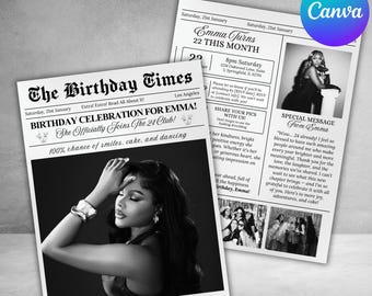 Modello di giornale per compleanno su Canva, invito per festa, giornale di grandi dimensioni modificabile (download digitale)
