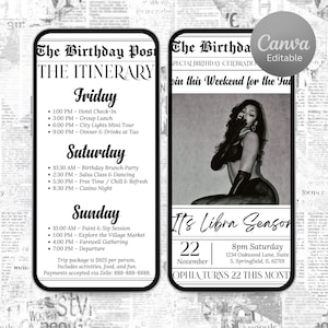 Pu&ograve; includere: Due inviti a forma di smartphone con sfondo a tema giornale. L'invito a sinistra elenca un itinerario del fine settimana, mentre quello a destra presenta una foto in bianco e nero di una donna e il testo "It's Libra Season."
