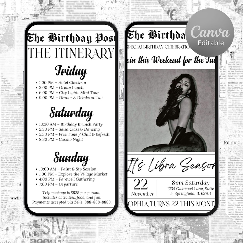 Pu&ograve; includere: Due inviti a forma di smartphone con sfondo a tema giornale. L'invito a sinistra elenca un itinerario del fine settimana, mentre quello a destra presenta una foto in bianco e nero di una donna e il testo "It's Libra Season."