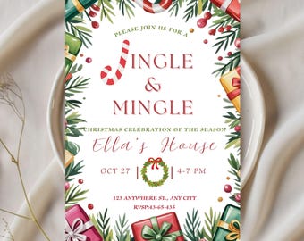 May include: A festive Christmas invitation with the words "Jingle & Mingle" and "Ella's House". The design includes a candy cane, gift boxes, and green foliage. The date is October 27th, and the time is 4-7 PM.