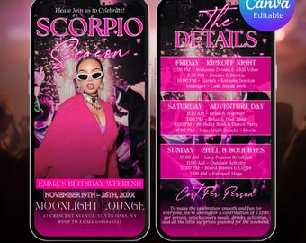 Invito modificabile per il weekend di compleanno dello Scorpione, invito digitale per il viaggio di compleanno della ragazza dello Scorpione, itinerario di compleanno, modello Canva