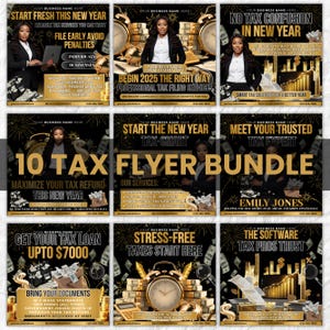 May include: A bundle of 10 tax flyers with a black and gold theme. Each flyer features a woman in a business suit, text, and graphics of money, clocks, and calculators. The flyers offer tax services and loans.