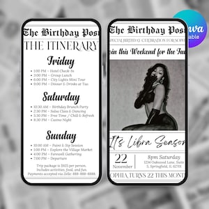 Pu&ograve; includere: Due schermi di smartphone che mostrano un itinerario di compleanno e un'immagine promozionale. L'itinerario include attivit&agrave; come un brunch, lezioni di salsa e una serata al casin&ograve;. L'altro schermo mostra una donna e il testo "It's Libra Season".