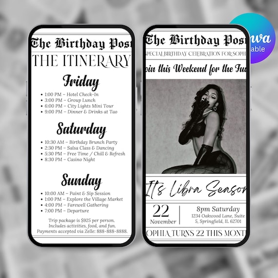 Editable Birthday Weekend Newspaper Invitation, Digital Libra Birthday Girl Trip Newspaper Invite, Bday Itinerary, Canva Template