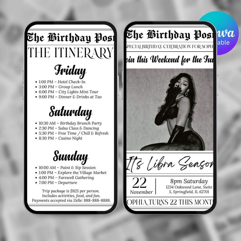 Pu&ograve; includere: Due schermi di smartphone che mostrano un itinerario di compleanno e un'immagine promozionale. L'itinerario include attivit&agrave; come un brunch, lezioni di salsa e una serata al casin&ograve;. L'altro schermo mostra una donna e il testo "It's Libra Season".