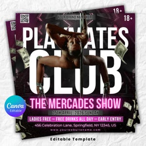 Könnte beinhalten: Werbeflyer für eine Clubveranstaltung. Das Design zeigt eine Person an einer Stange, mit den Worten "PLAYMATES CLUB" in großen weißen Buchstaben. Der Flyer enthält auch den Text "THE MERCADES SHOW" und Veranstaltungsdetails.