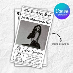 Pu&ograve; includere: Un biglietto d'invito in bianco e nero con il titolo "The Birthday Post" e il testo "Join this Weekend for the Fun!". Il biglietto presenta una foto di una donna e il testo "It's Libra Season". Il biglietto misura 1080 x 1920 px.