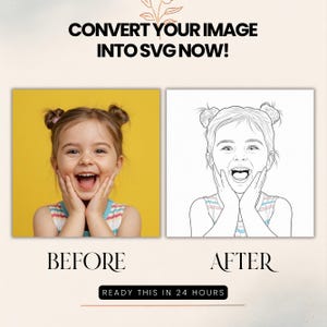 Può includere: Annuncio pubblicitario per un servizio di conversione di immagini. L'immagine mostra un confronto prima-dopo di una foto e della sua grafica vettoriale SVG. Il testo recita "CONVERT YOUR IMAGE INTO SVG NOW!" e "READY THIS IN 24 HOURS".