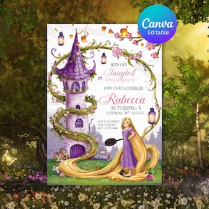 Puede incluir: Una invitación digital con una torre morada y Rapunzel, de la película Enredados. La invitación incluye el texto "Lets Get Tangled" y detalles para una fiesta de cumpleaños, incluido el nombre "Rabeeca" y la fecha.