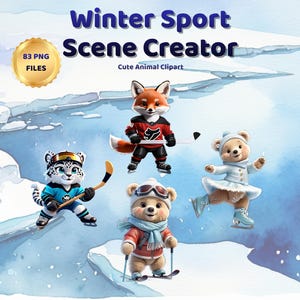 Clipart de animales deportivos de invierno: paquete PNG de zorro y oso
