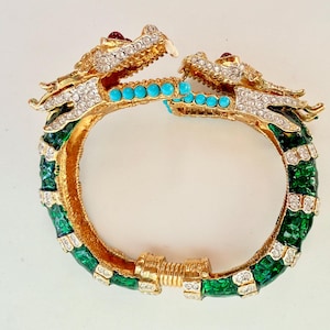 Kenneth Jay Lane Dramatic Twin Green Dragon Couture Enameled Rhinestone Bracelet Bangle