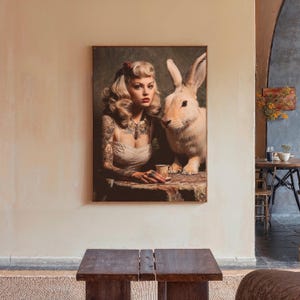 Rabbit Tea Party Print - Cryptid Wall Art, Creepy Rabbit Painting, Home Decor, Creepy Photo, Dark Academia Art