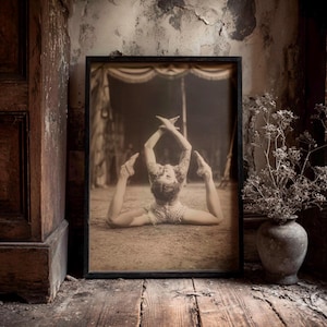 May include: A framed vintage photograph of a contortionist in a circus setting. The black and white image shows a woman in a seated split, arms and legs extended. The frame rests against a weathered wall and wooden floor.