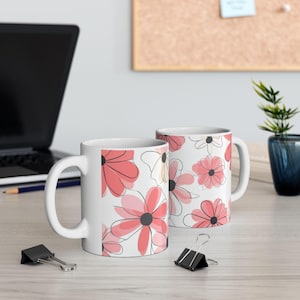 Pink Floral Ceramic Mug, Elegant Feminine Flower lover Coffee Cup, Floral Design Tea Mug, Mother's Day Gift, Birthday Present for Her