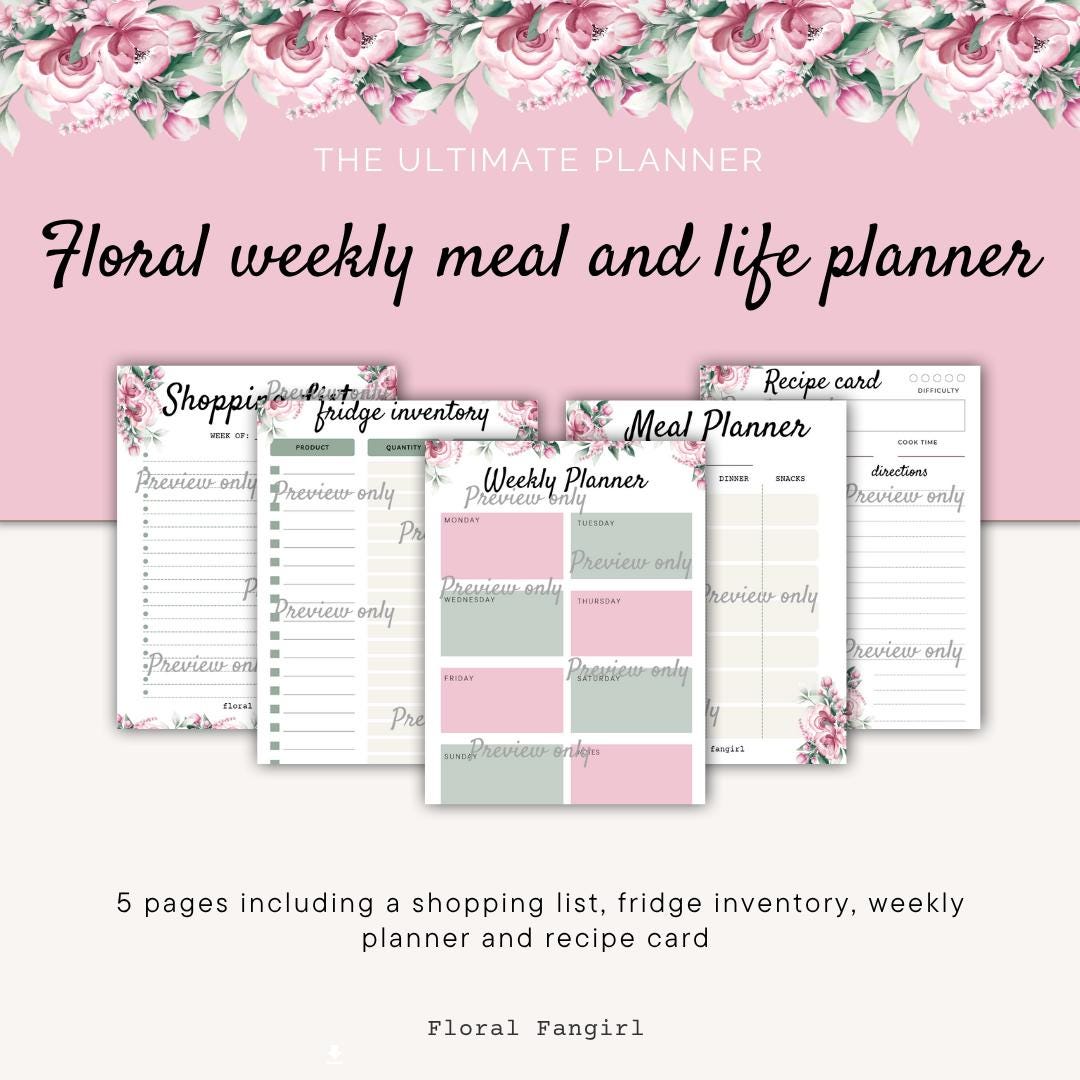 Floral Weekly Meal Planner | Printable Menu Organizer With Grocery List ...