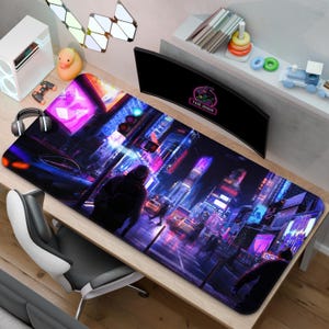 Rainy Cyberpunk City Desk Mat | Futuristic City Mouse Pad | Desk Decor Gift for Gaming Rooms