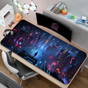 Cyberpunk Neon City Landscape Desk Mat | Futuristic City Mouse Pad | Desk Decor Gift for Gaming Rooms