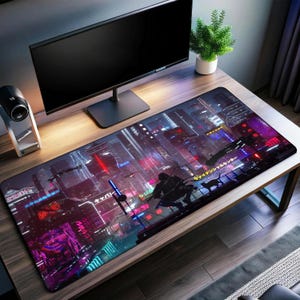 Cyberpunk Neon City Desk Mat: Sci-Fi Gaming Mouse Pad