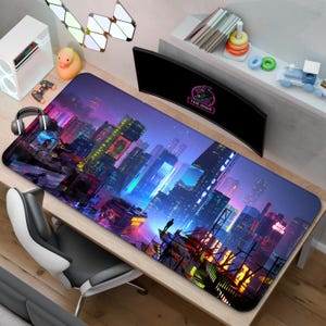 Cyberpunk Neon City Desk Mat | Futuristic City Mouse Pad | Desk Decor Gift for Gaming Rooms
