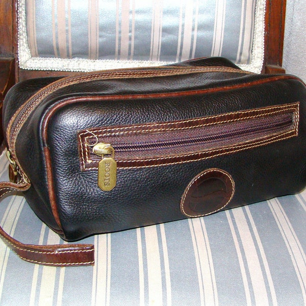 Vintage Leather Travel Bag Brown ROOTS Canada Shaving Kit Tribe Men Women Unisex Make-Up Kit Airline Hotel Overnight