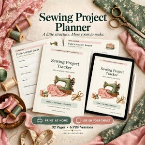 May include: A sewing project planner set featuring printed sheets and a tablet display. The pages show a vintage green sewing machine illustration, text including Sewing Project Tracker, and sections for fabric, patterns, and projects. Includes spools of thread, fabric scraps, and scissors.