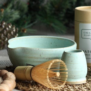 MADE TO ORDER: Handmade Pottery Matcha Set – Ceramic Matcha Bowl, Whisk Holder + Bamboo Whisk || Stoneware Pottery for Matcha