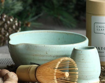 MADE TO ORDER: Handmade Pottery Matcha Set – Ceramic Matcha Bowl, Whisk Holder + Bamboo Whisk || Stoneware Pottery for Matcha