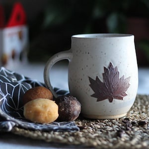 MADE TO ORDER | Handmade Maple Leaf Pottery Mug | Rustic Speckled Stoneware, Canadian Gift